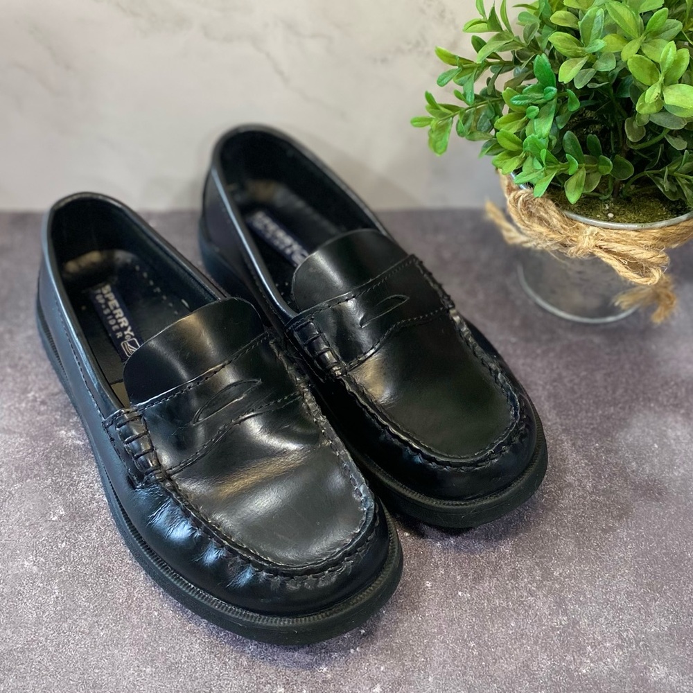 Sperry Top-Sider ‘Colton’ Boys Black Leather Loafers Size 1.5M - Picture 1 of 13